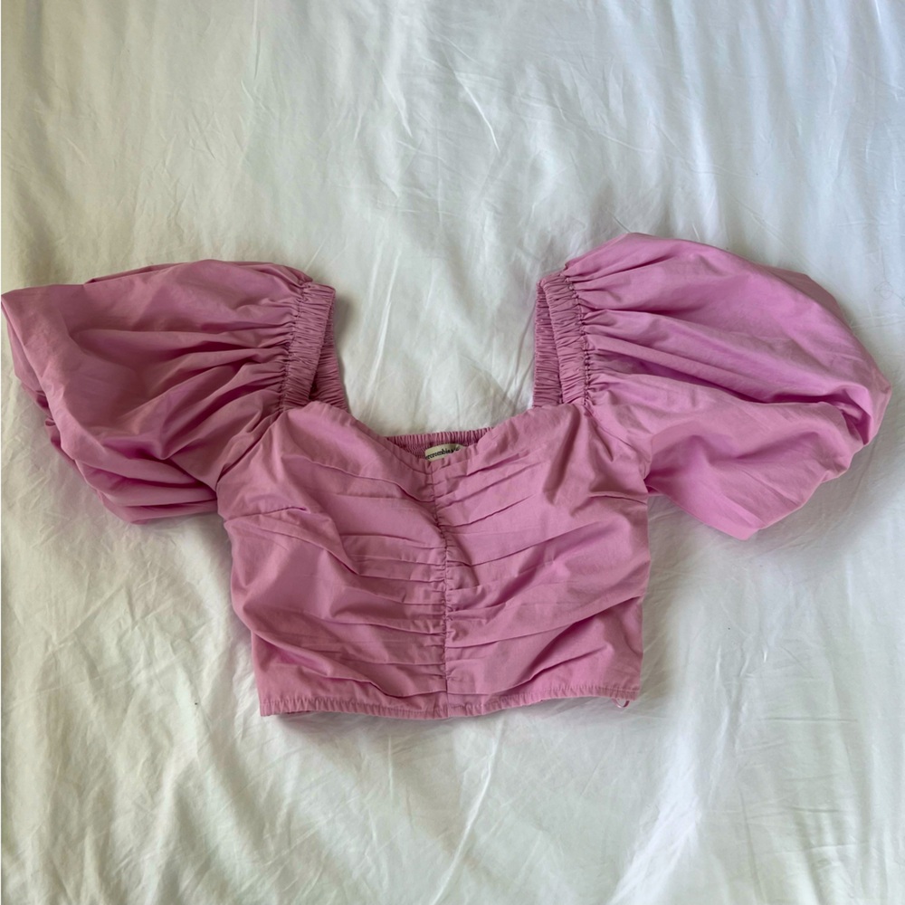 Abercrombie Ruched Puff Sleeve Pink Cropped Top